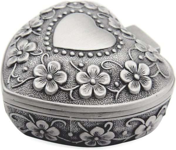 AVESON Classic Vintage Antique Heart Shape Jewelry Box Ring Small Trinket Storage Organizer Chest Christmas Gift, Silver - 1