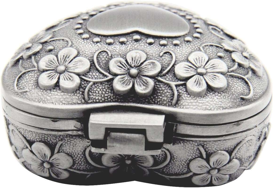 AVESON Classic Vintage Antique Heart Shape Jewelry Box Ring Small Trinket Storage Organizer Chest Christmas Gift, Silver - 3