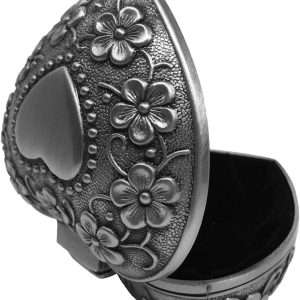 AVESON Classic Vintage Antique Heart Shape Jewelry Box Ring Small Trinket Storage Organizer Chest Christmas Gift, Silver - 4
