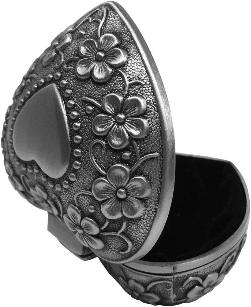 AVESON Classic Vintage Antique Heart Shape Jewelry Box Ring Small Trinket Storage Organizer Chest Christmas Gift, Silver - 4