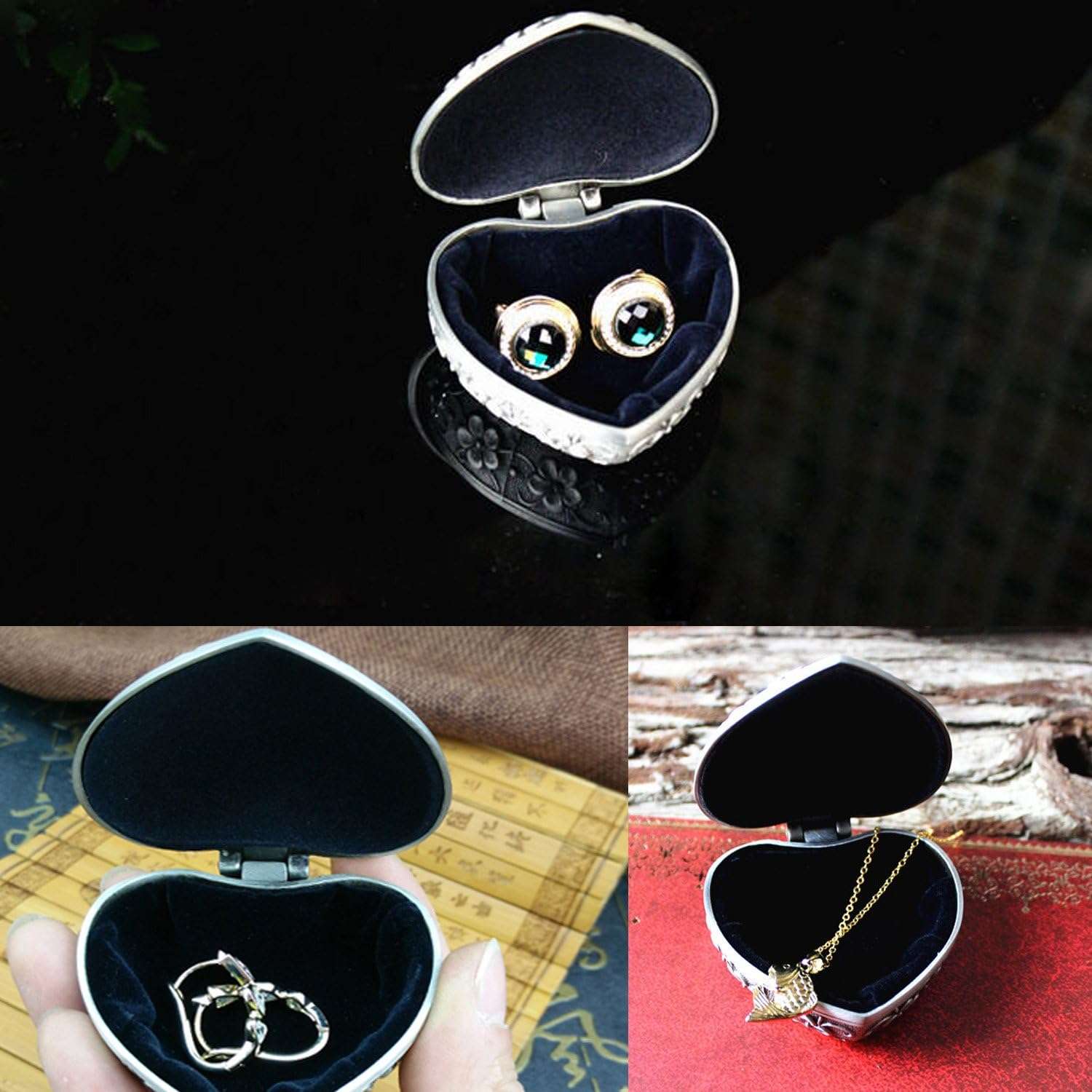 AVESON Classic Vintage Antique Heart Shape Jewelry Box Ring Small Trinket Storage Organizer Chest Christmas Gift, Silver - 5