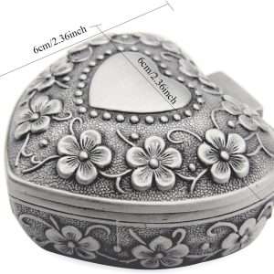 AVESON Classic Vintage Antique Heart Shape Jewelry Box Ring Small Trinket Storage Organizer Chest Christmas Gift, Silver - 8