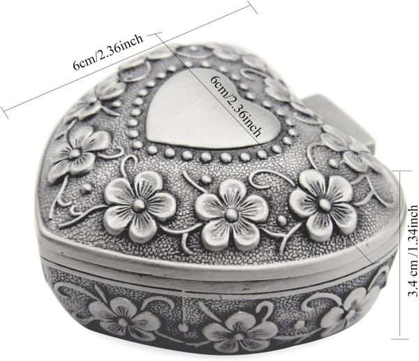 AVESON Classic Vintage Antique Heart Shape Jewelry Box Ring Small Trinket Storage Organizer Chest Christmas Gift, Silver - 8