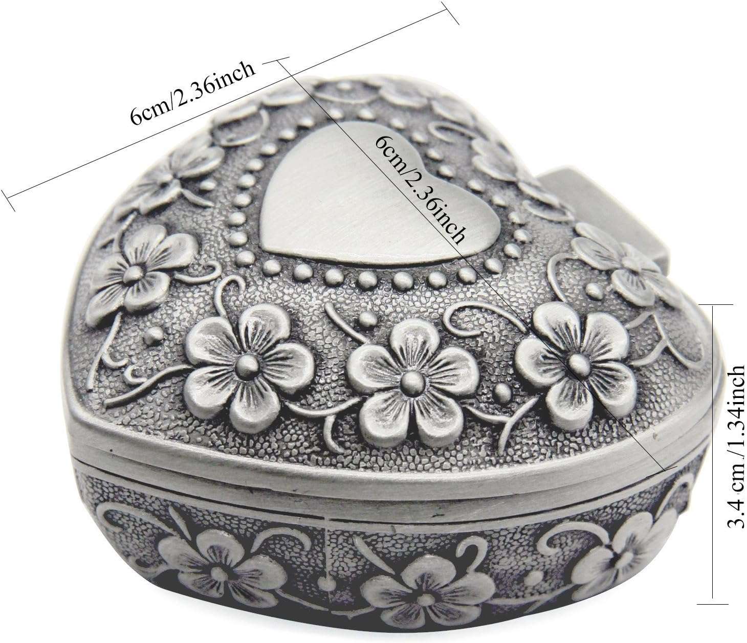 AVESON Classic Vintage Antique Heart Shape Jewelry Box Ring Small Trinket Storage Organizer Chest Christmas Gift, Silver - 8