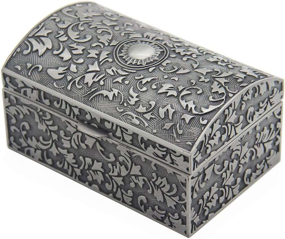 AVESON Vintage Metal Jewelry Box Small Trinket Storage Organizer Box Chest Ring Case for Girls Women, Tin Color, Small - 1