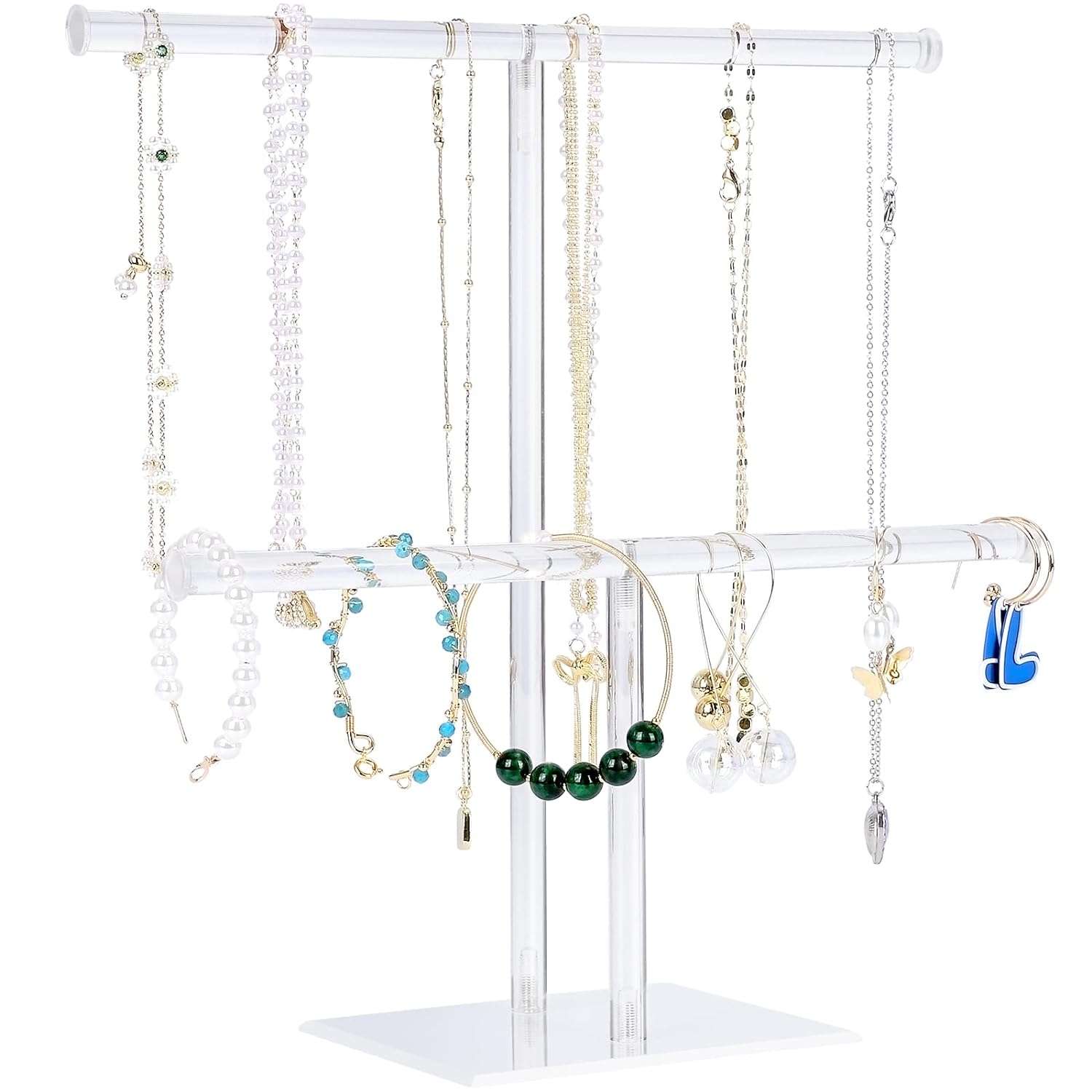 Acrylic Jewelry Display Holder, Necklace and Bracelet Hanging Organizer, Clear 2-Tier Tower Stand for Bangles, Necklaces, Rings, Earrings and Watch - 1