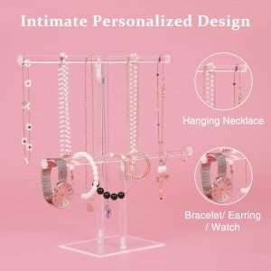Acrylic Jewelry Display Holder, Necklace and Bracelet Hanging Organizer, Clear 2-Tier Tower Stand for Bangles, Necklaces, Rings, Earrings and Watch - 3