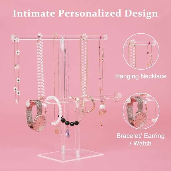 Acrylic Jewelry Display Holder, Necklace and Bracelet Hanging Organizer, Clear 2-Tier Tower Stand for Bangles, Necklaces, Rings, Earrings and Watch - 3