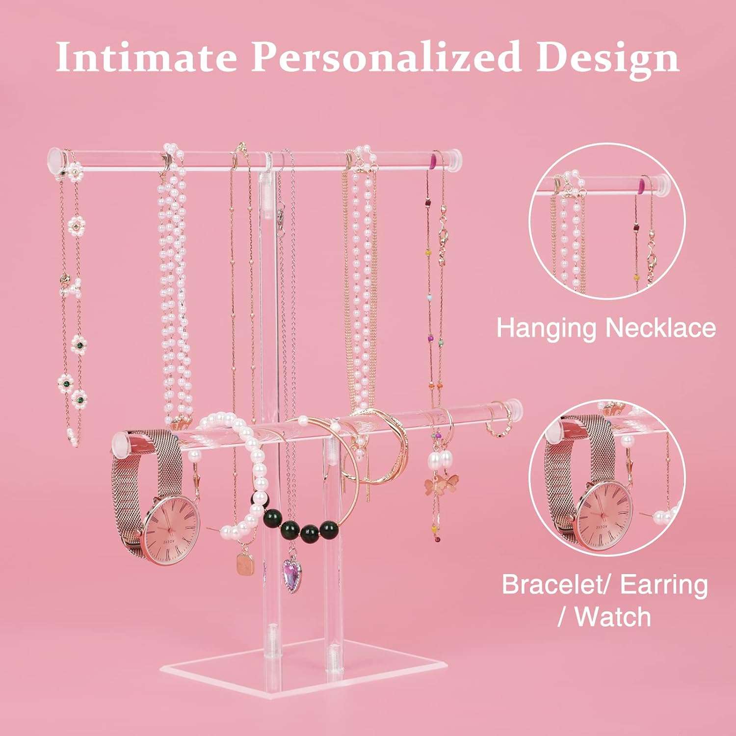Acrylic Jewelry Display Holder, Necklace and Bracelet Hanging Organizer, Clear 2-Tier Tower Stand for Bangles, Necklaces, Rings, Earrings and Watch - 3