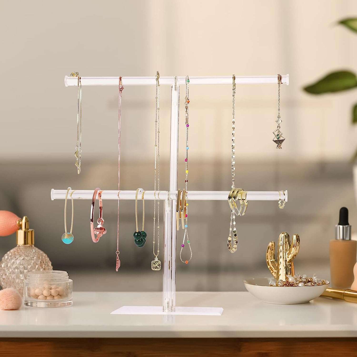 Acrylic Jewelry Display Holder, Necklace and Bracelet Hanging Organizer, Clear 2-Tier Tower Stand for Bangles, Necklaces, Rings, Earrings and Watch - 4
