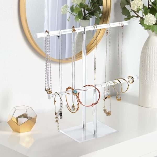 Acrylic Jewelry Display Holder, Necklace and Bracelet Hanging Organizer, Clear 2-Tier Tower Stand for Bangles, Necklaces, Rings, Earrings and Watch - 5