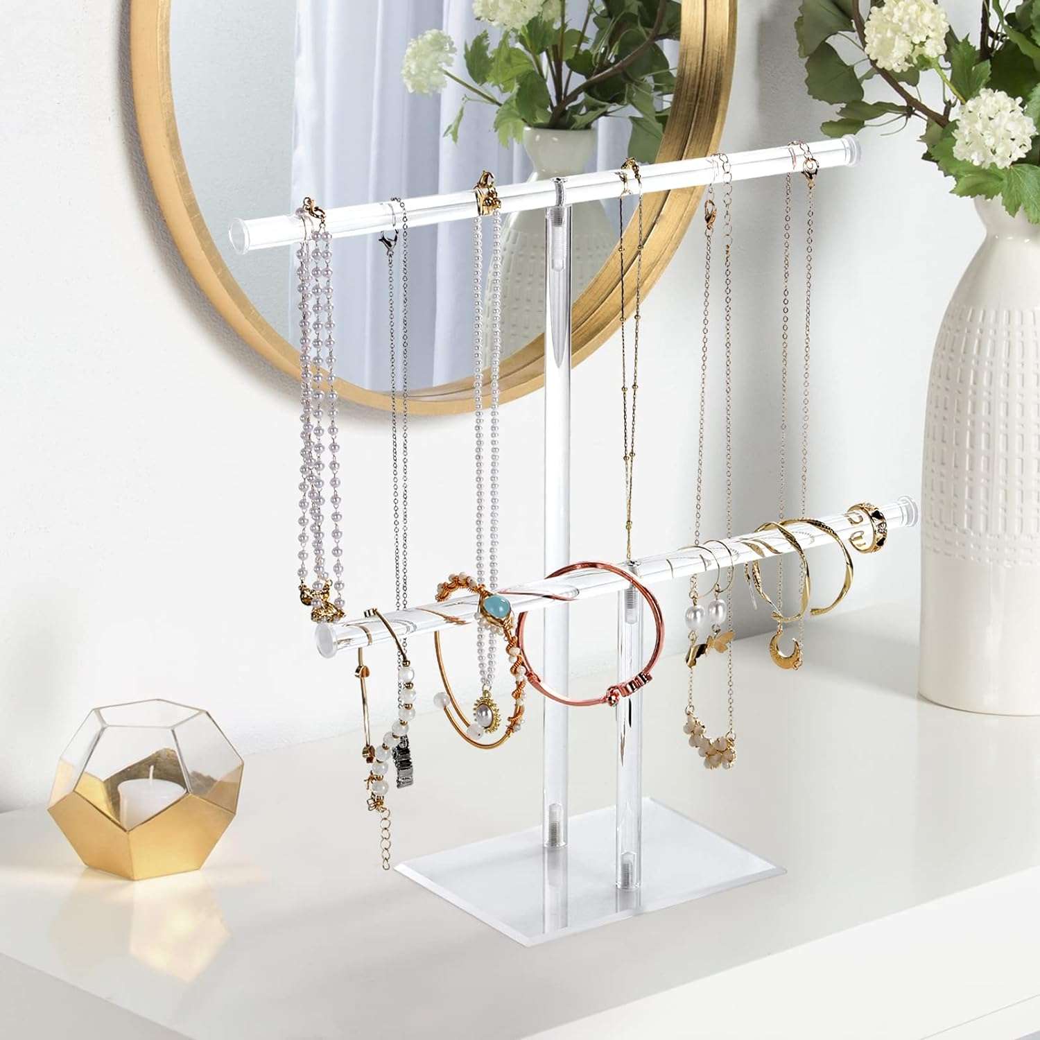 Acrylic Jewelry Display Holder, Necklace and Bracelet Hanging Organizer, Clear 2-Tier Tower Stand for Bangles, Necklaces, Rings, Earrings and Watch - 5