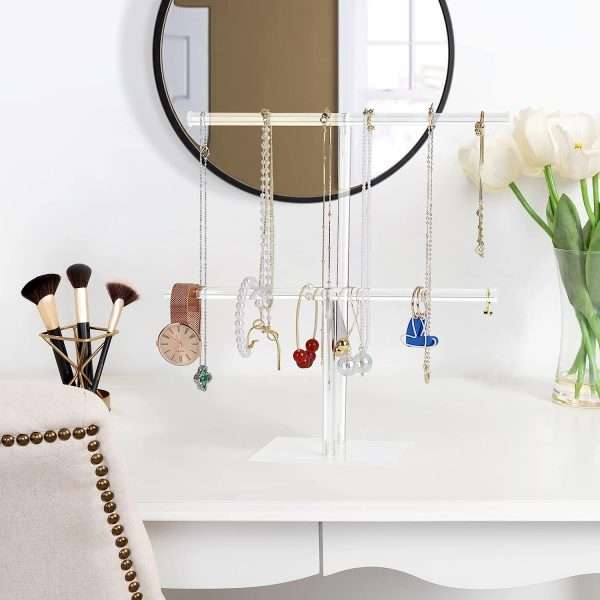 Acrylic Jewelry Display Holder, Necklace and Bracelet Hanging Organizer, Clear 2-Tier Tower Stand for Bangles, Necklaces, Rings, Earrings and Watch - 6