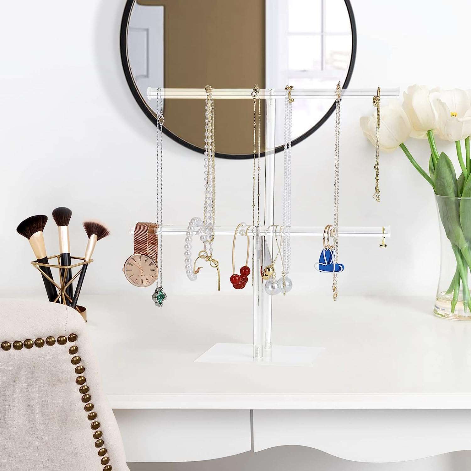 Acrylic Jewelry Display Holder, Necklace and Bracelet Hanging Organizer, Clear 2-Tier Tower Stand for Bangles, Necklaces, Rings, Earrings and Watch - 6