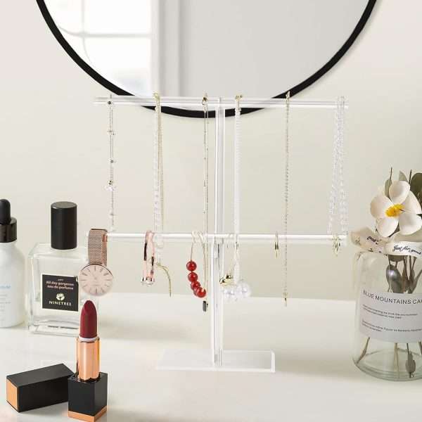 Acrylic Jewelry Display Holder, Necklace and Bracelet Hanging Organizer, Clear 2-Tier Tower Stand for Bangles, Necklaces, Rings, Earrings and Watch - 7