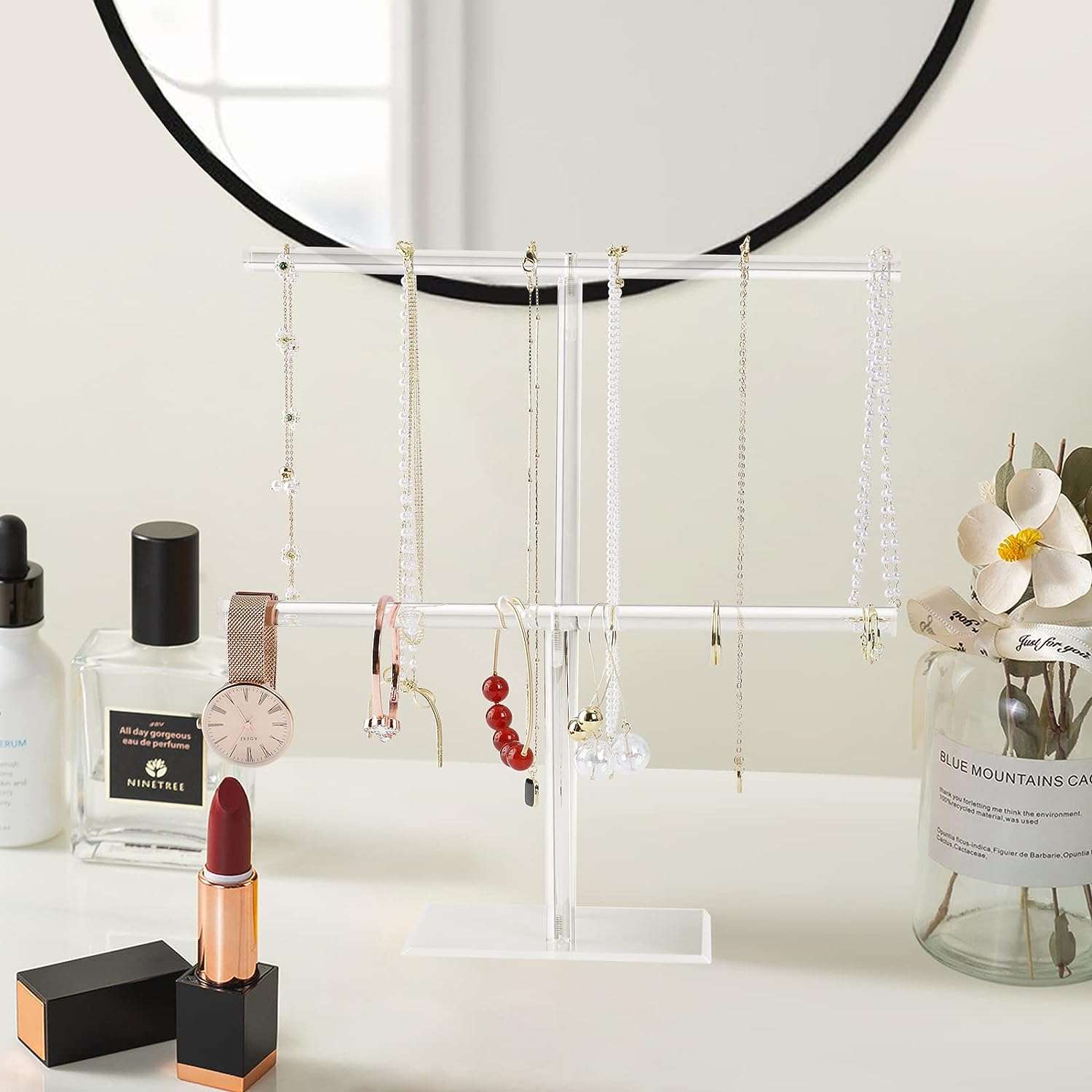 Acrylic Jewelry Display Holder, Necklace and Bracelet Hanging Organizer, Clear 2-Tier Tower Stand for Bangles, Necklaces, Rings, Earrings and Watch - 7