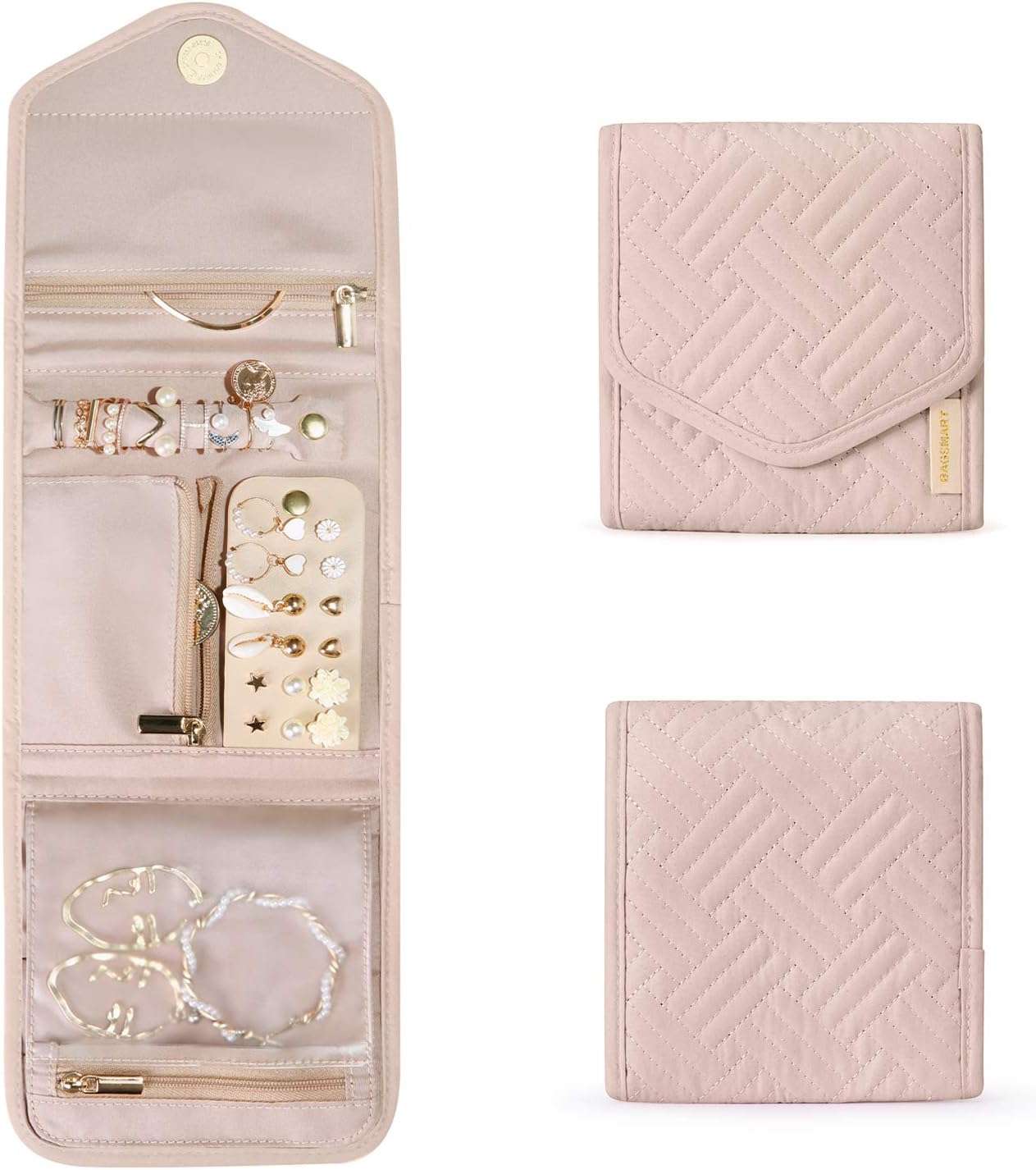 BAGSMART Travel Jewelry Organizer Case Foldable Jewelry Roll for Journey-Rings, Necklaces, Earrings, Bracelets,Mini,Soft Pink - 1