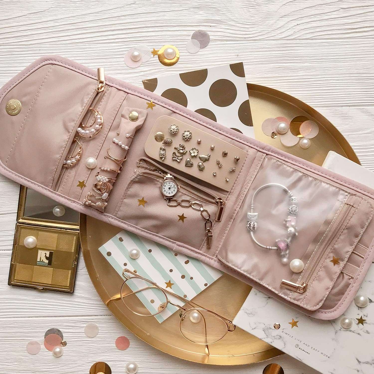 BAGSMART Travel Jewelry Organizer Case Foldable Jewelry Roll for Journey-Rings, Necklaces, Earrings, Bracelets,Mini,Soft Pink - 2