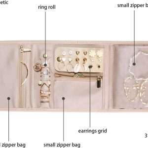 BAGSMART Travel Jewelry Organizer Case Foldable Jewelry Roll for Journey-Rings, Necklaces, Earrings, Bracelets,Mini,Soft Pink - 3
