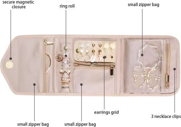 BAGSMART Travel Jewelry Organizer Case Foldable Jewelry Roll for Journey-Rings, Necklaces, Earrings, Bracelets,Mini,Soft Pink - 3