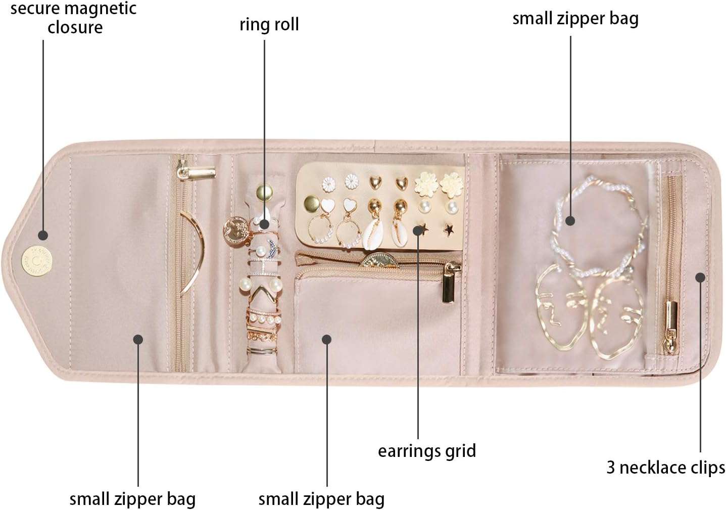 BAGSMART Travel Jewelry Organizer Case Foldable Jewelry Roll for Journey-Rings, Necklaces, Earrings, Bracelets,Mini,Soft Pink - 3