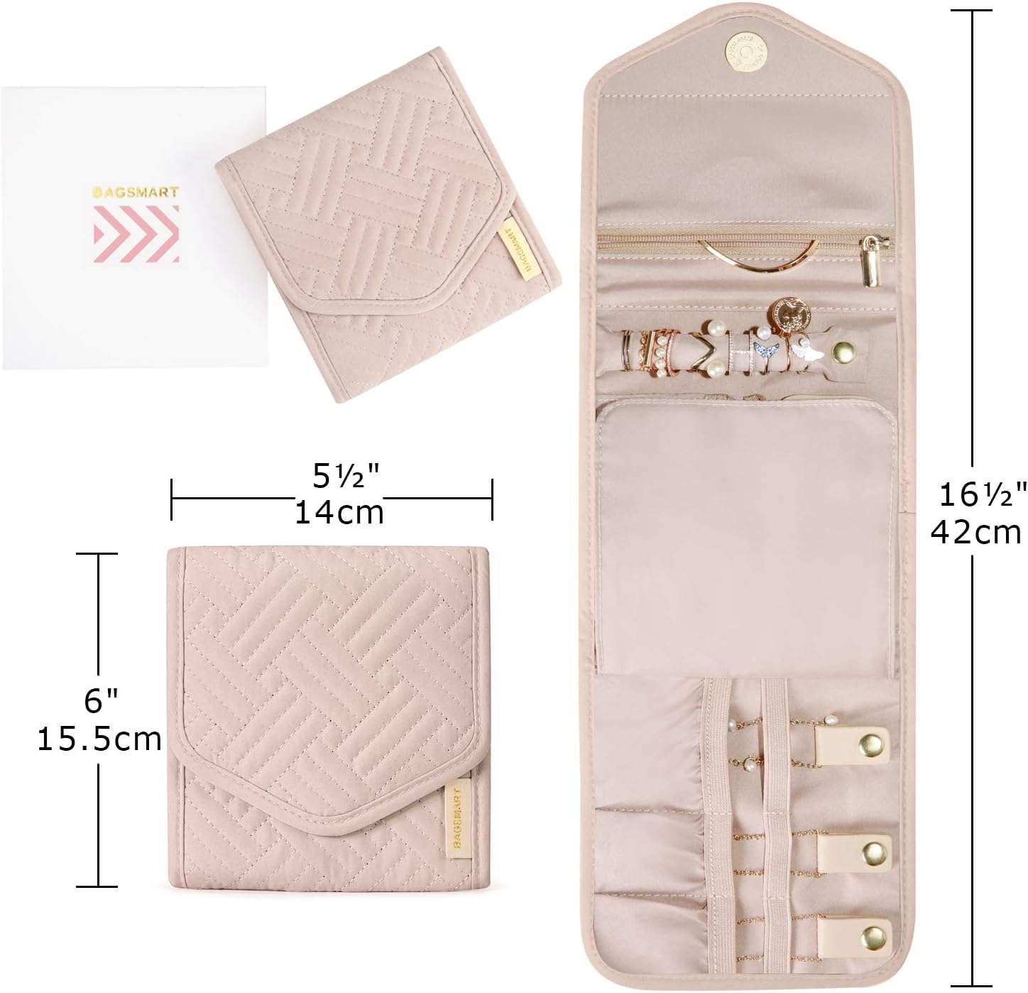 BAGSMART Travel Jewelry Organizer Case Foldable Jewelry Roll for Journey-Rings, Necklaces, Earrings, Bracelets,Mini,Soft Pink - 4