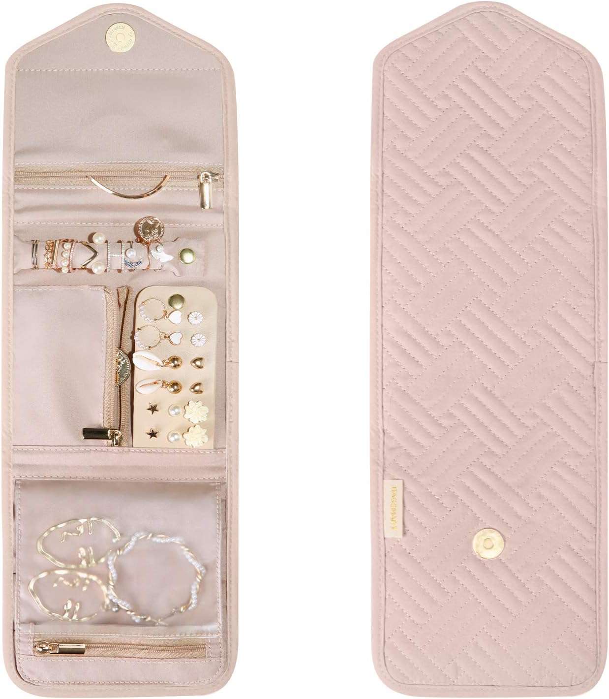 BAGSMART Travel Jewelry Organizer Case Foldable Jewelry Roll for Journey-Rings, Necklaces, Earrings, Bracelets,Mini,Soft Pink - 7