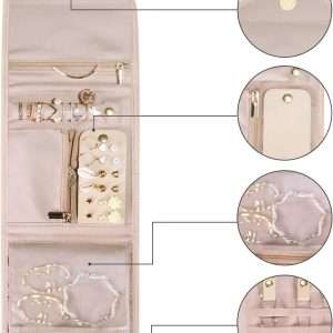 BAGSMART Travel Jewelry Organizer Case Foldable Jewelry Roll for Journey-Rings, Necklaces, Earrings, Bracelets,Mini,Soft Pink - 8