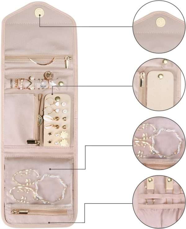 BAGSMART Travel Jewelry Organizer Case Foldable Jewelry Roll for Journey-Rings, Necklaces, Earrings, Bracelets,Mini,Soft Pink - 8