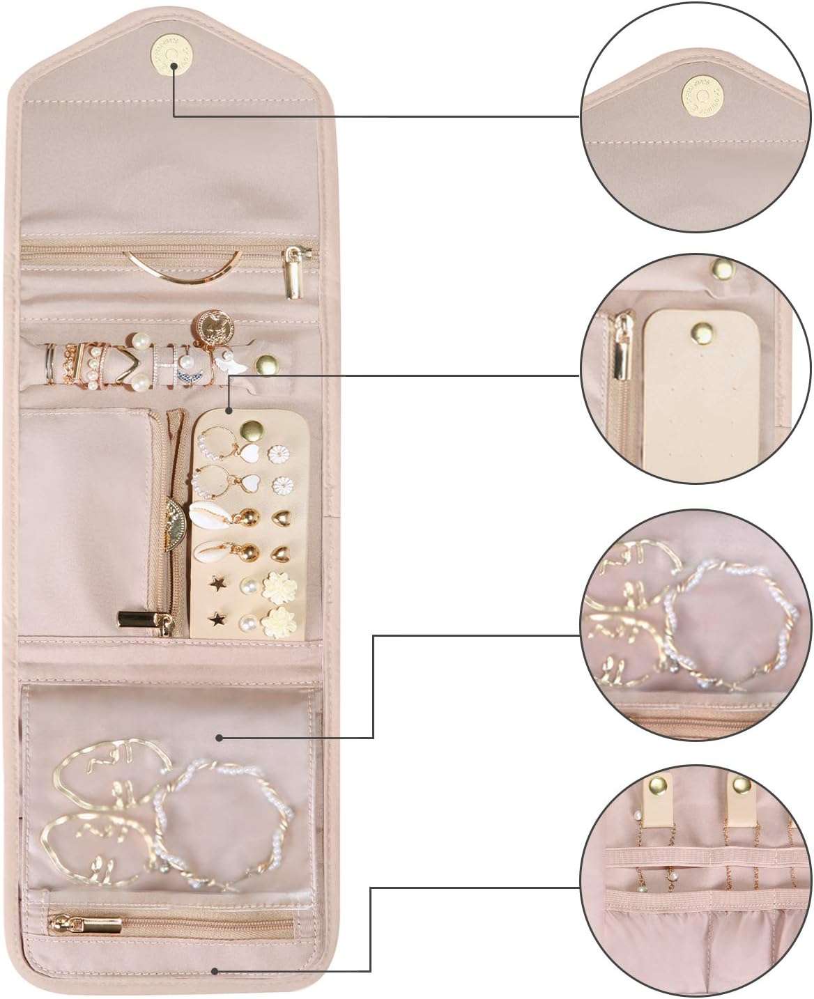BAGSMART Travel Jewelry Organizer Case Foldable Jewelry Roll for Journey-Rings, Necklaces, Earrings, Bracelets,Mini,Soft Pink - 8