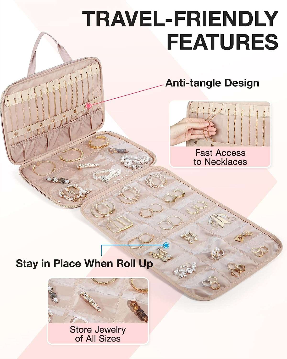 BAGSMART Travel Jewelry Organizer Case,Hanging Roll Jewelry Bag for Travel with Pockets,Large Capacity Jewelry Roll Bag - 3
