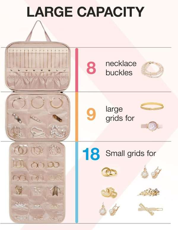 BAGSMART Travel Jewelry Organizer Case,Hanging Roll Jewelry Bag for Travel with Pockets,Large Capacity Jewelry Roll Bag - 4