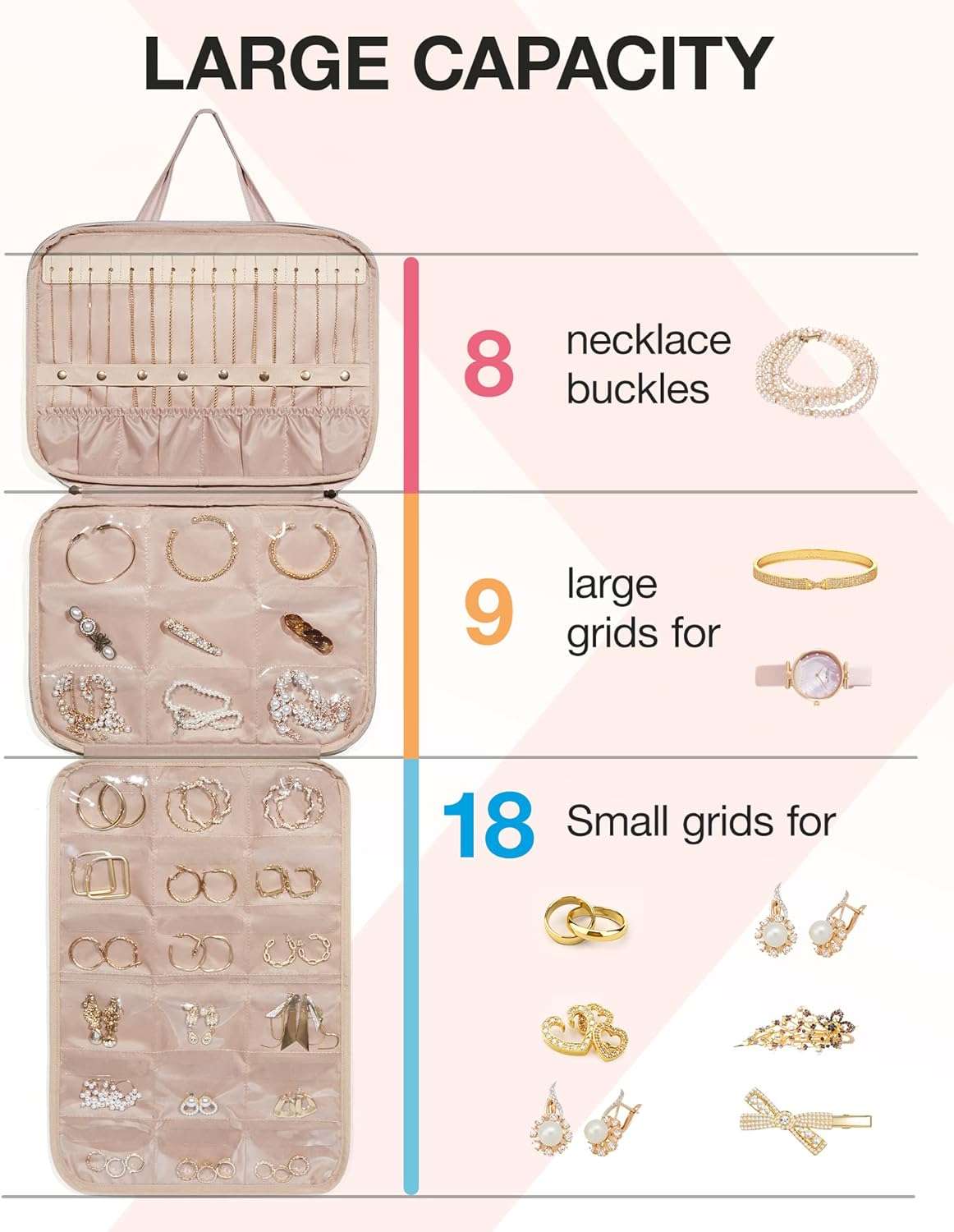 BAGSMART Travel Jewelry Organizer Case,Hanging Roll Jewelry Bag for Travel with Pockets,Large Capacity Jewelry Roll Bag - 4