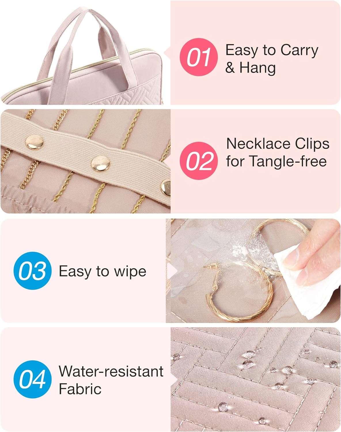 BAGSMART Travel Jewelry Organizer Case,Hanging Roll Jewelry Bag for Travel with Pockets,Large Capacity Jewelry Roll Bag - 5