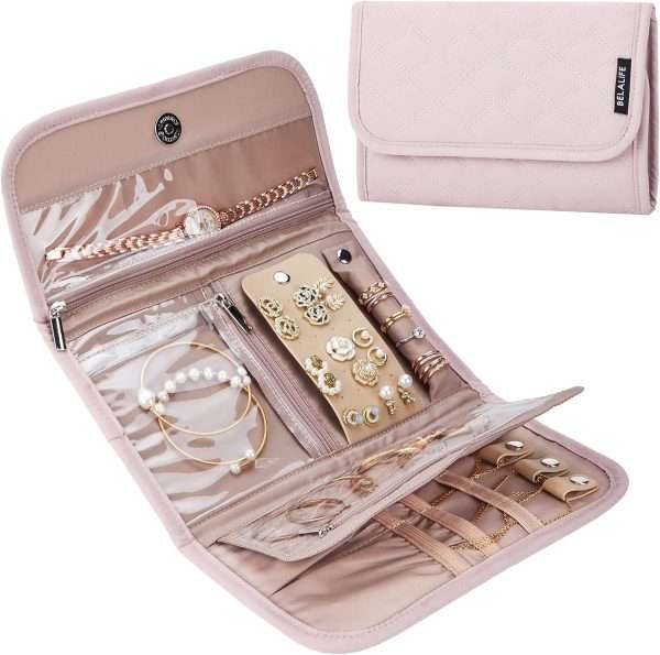 BELALIFE Travel Jewelry Case Organizer, Foldable Jewelry Storage Roll for Earrings, Necklaces, Rings, Bracelets, Brooches, Pink - 1