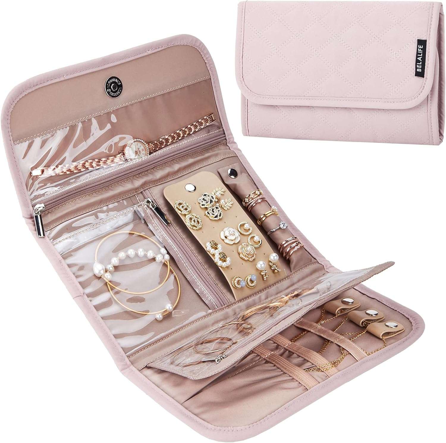 BELALIFE Travel Jewelry Case Organizer, Foldable Jewelry Storage Roll for Earrings, Necklaces, Rings, Bracelets, Brooches, Pink - 1