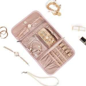 BELALIFE Travel Jewelry Case Organizer, Foldable Jewelry Storage Roll for Earrings, Necklaces, Rings, Bracelets, Brooches, Pink - 2