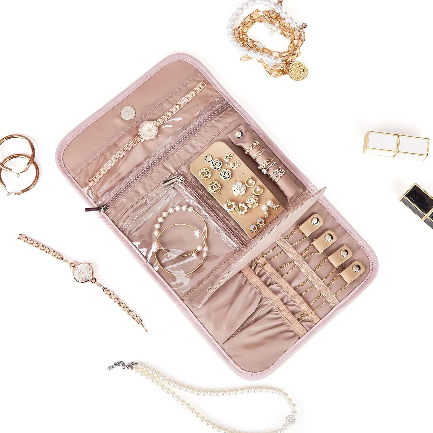 BELALIFE Travel Jewelry Case Organizer, Foldable Jewelry Storage Roll for Earrings, Necklaces, Rings, Bracelets, Brooches, Pink - 2
