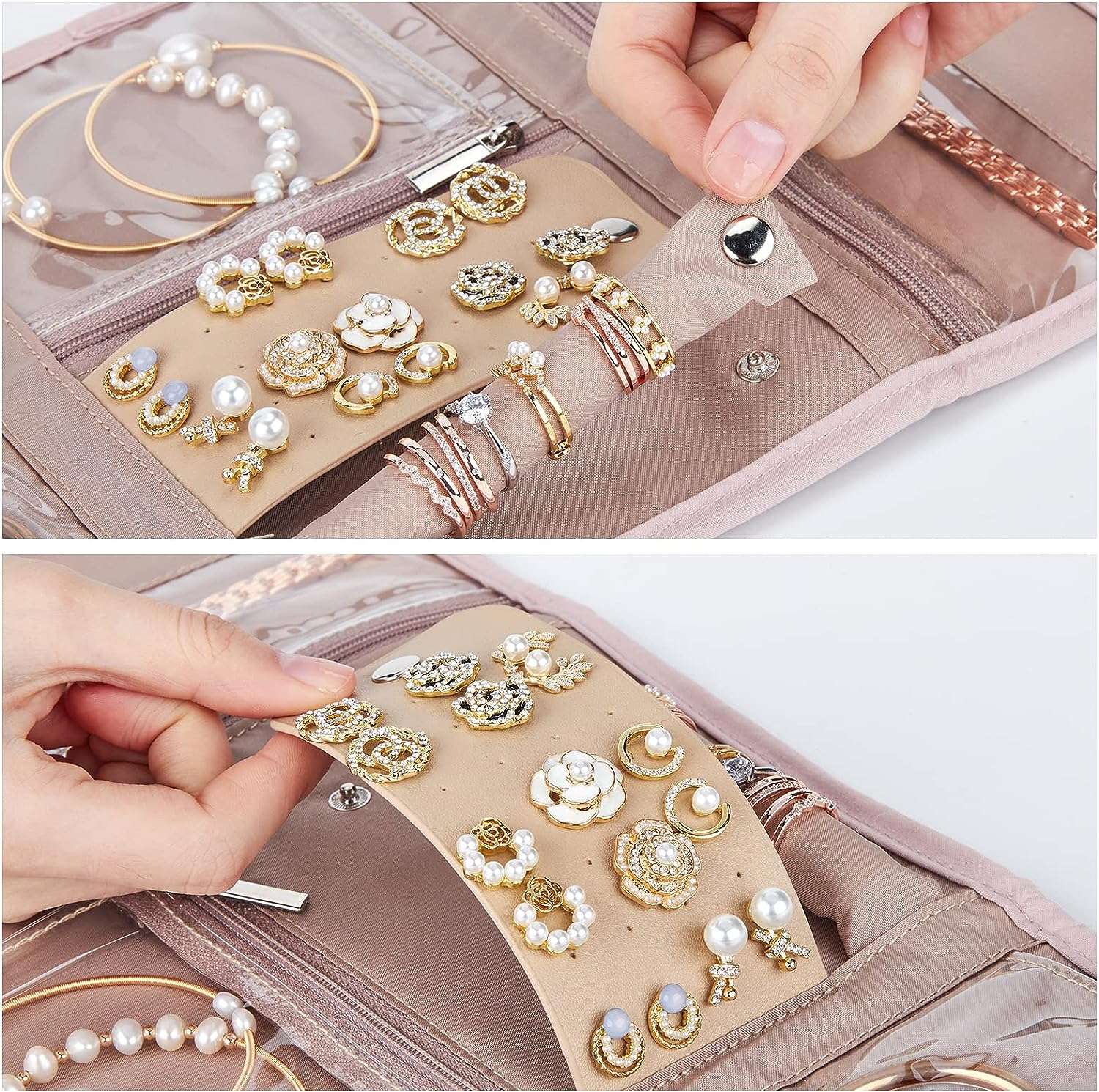 BELALIFE Travel Jewelry Case Organizer, Foldable Jewelry Storage Roll for Earrings, Necklaces, Rings, Bracelets, Brooches, Pink - 3