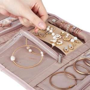 BELALIFE Travel Jewelry Case Organizer, Foldable Jewelry Storage Roll for Earrings, Necklaces, Rings, Bracelets, Brooches, Pink - 4