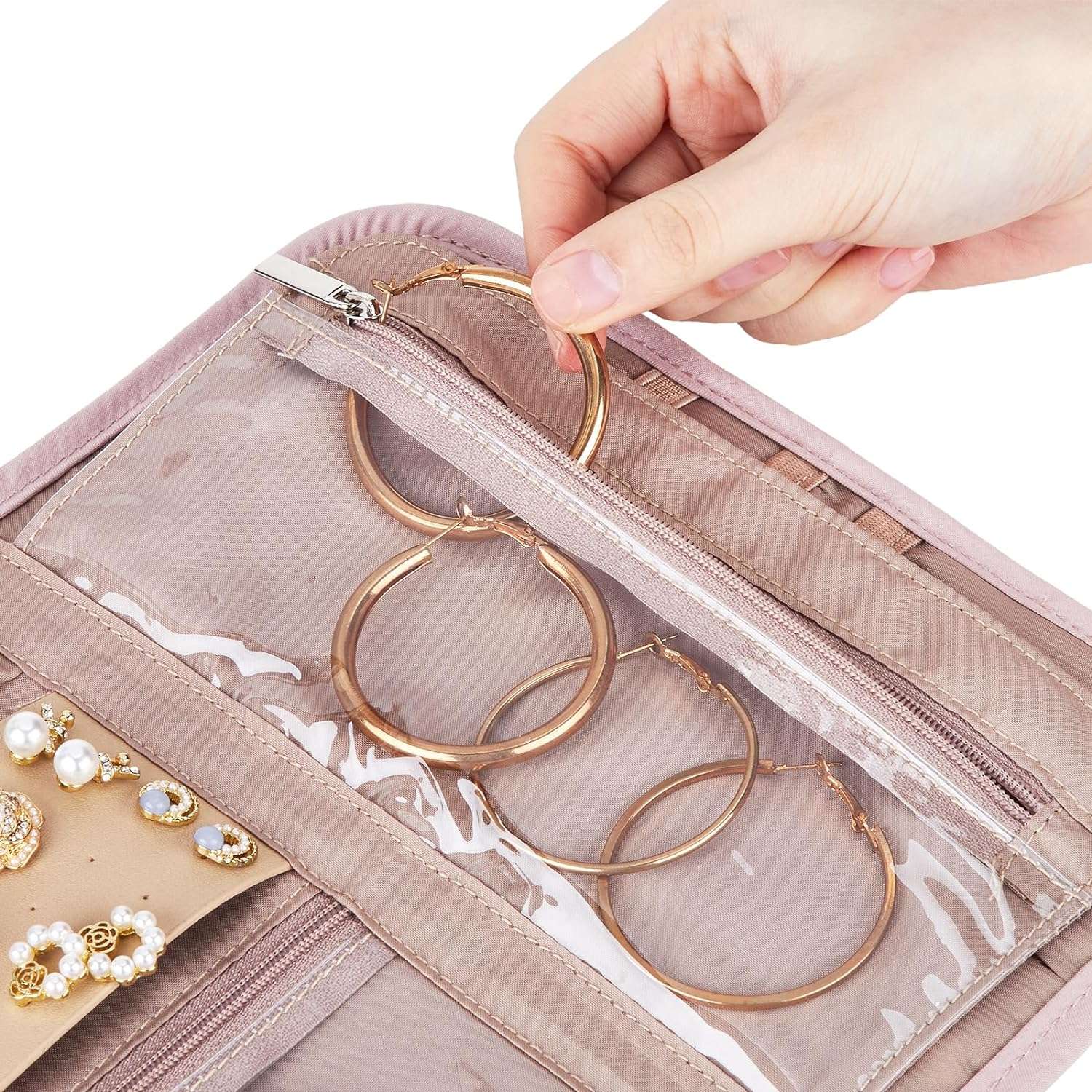 BELALIFE Travel Jewelry Case Organizer, Foldable Jewelry Storage Roll for Earrings, Necklaces, Rings, Bracelets, Brooches, Pink - 5