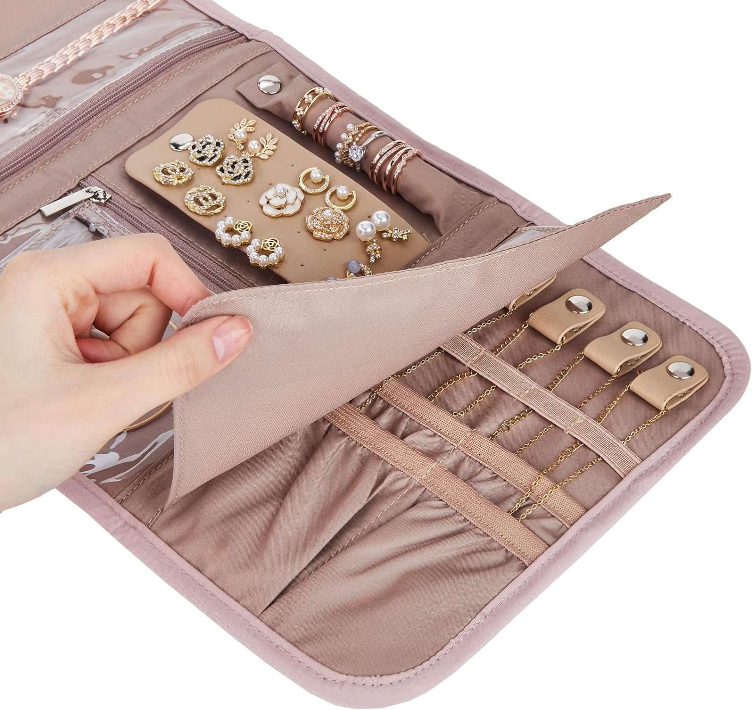 BELALIFE Travel Jewelry Case Organizer, Foldable Jewelry Storage Roll for Earrings, Necklaces, Rings, Bracelets, Brooches, Pink - 6