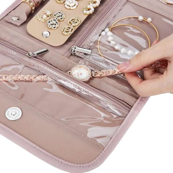 BELALIFE Travel Jewelry Case Organizer, Foldable Jewelry Storage Roll for Earrings, Necklaces, Rings, Bracelets, Brooches, Pink - 7