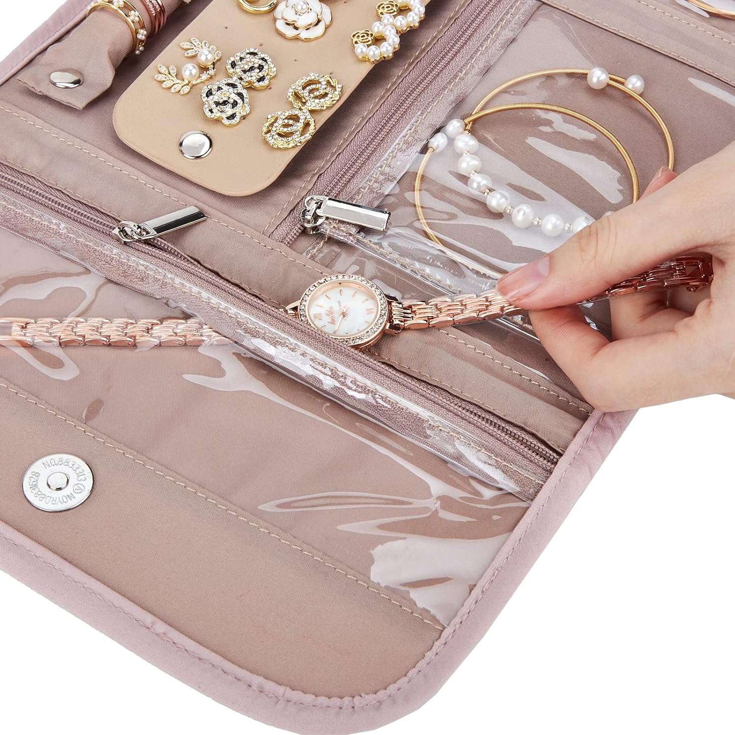 BELALIFE Travel Jewelry Case Organizer, Foldable Jewelry Storage Roll for Earrings, Necklaces, Rings, Bracelets, Brooches, Pink - 7
