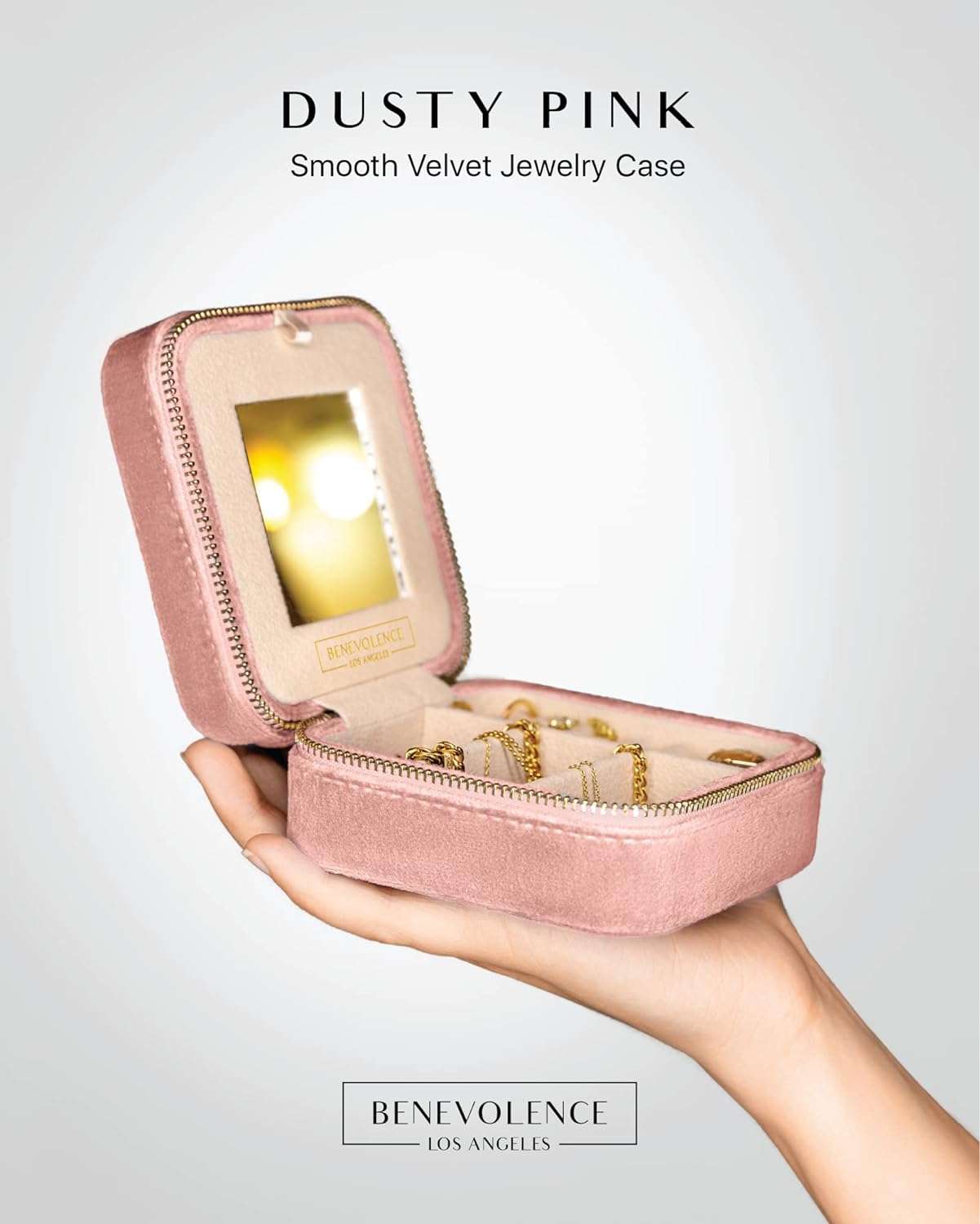Benevolence LA Plush Velvet Travel Jewelry Organizer Box - Jewelry Boxes for Women, Travel Jewelry Case - Jewelry Travel Organizer for Women - Earring Organizer with Mirror - Dusty Pink - 2