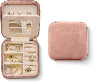 Benevolence LA Plush Velvet Travel Jewelry Organizer Box - Jewelry Boxes for Women, Travel Jewelry Case - Jewelry Travel Organizer for Women - Earring Organizer with Mirror - Dusty Pink - 1
