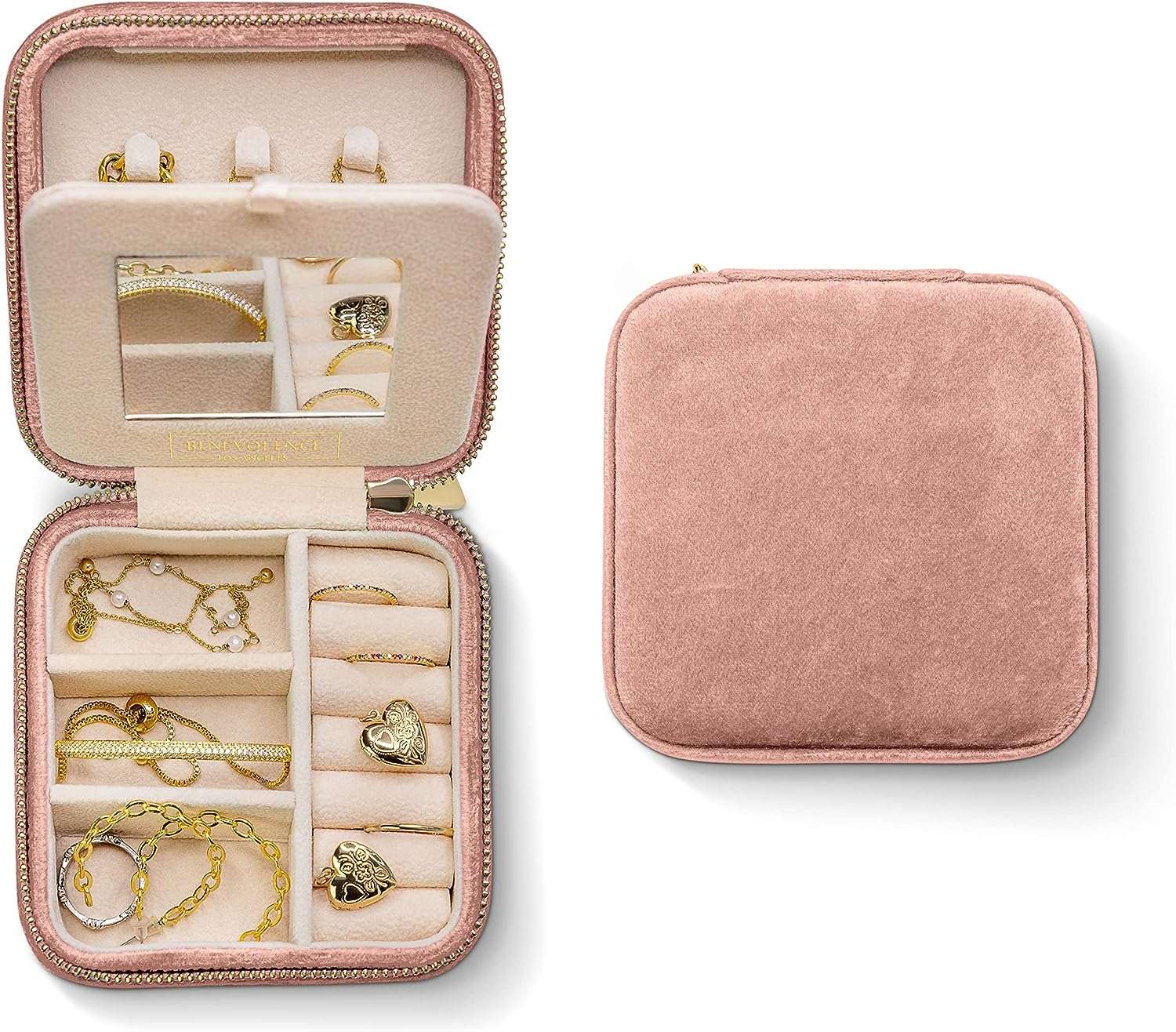 Benevolence LA Plush Velvet Travel Jewelry Organizer Box - Jewelry Boxes for Women, Travel Jewelry Case - Jewelry Travel Organizer for Women - Earring Organizer with Mirror - Dusty Pink - 1