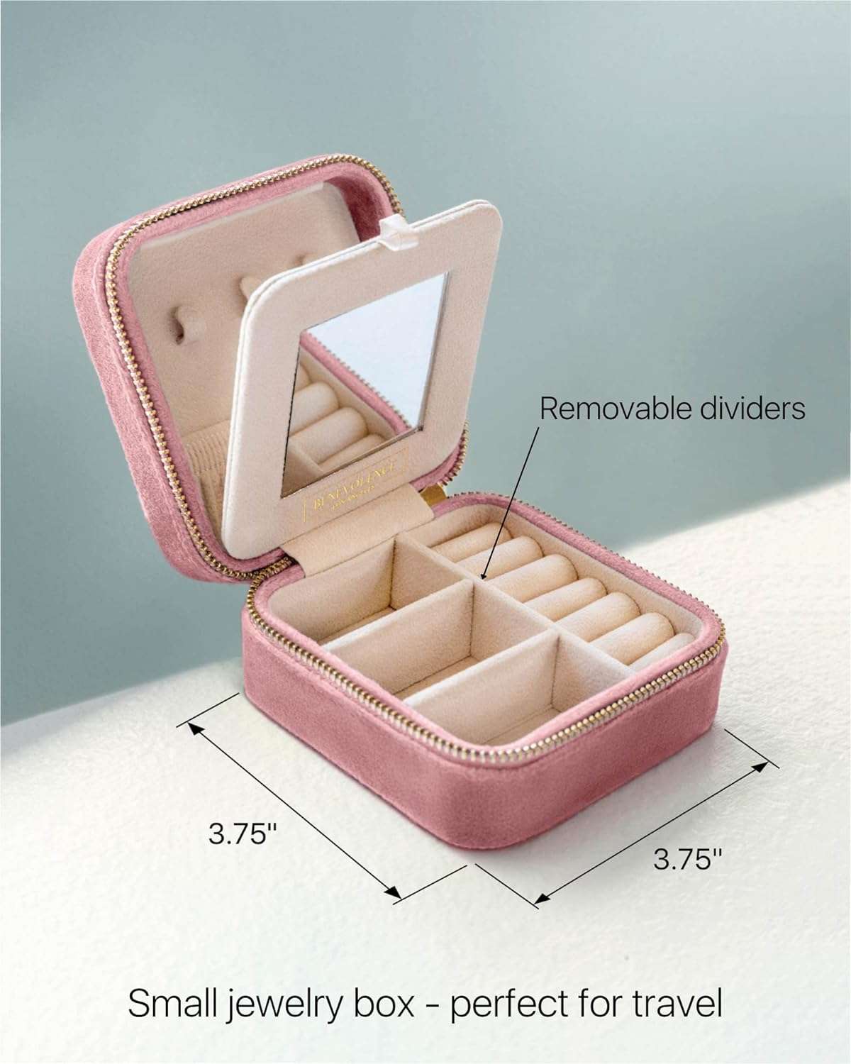 Benevolence LA Plush Velvet Travel Jewelry Organizer Box - Jewelry Boxes for Women, Travel Jewelry Case - Jewelry Travel Organizer for Women - Earring Organizer with Mirror - Dusty Pink - 3