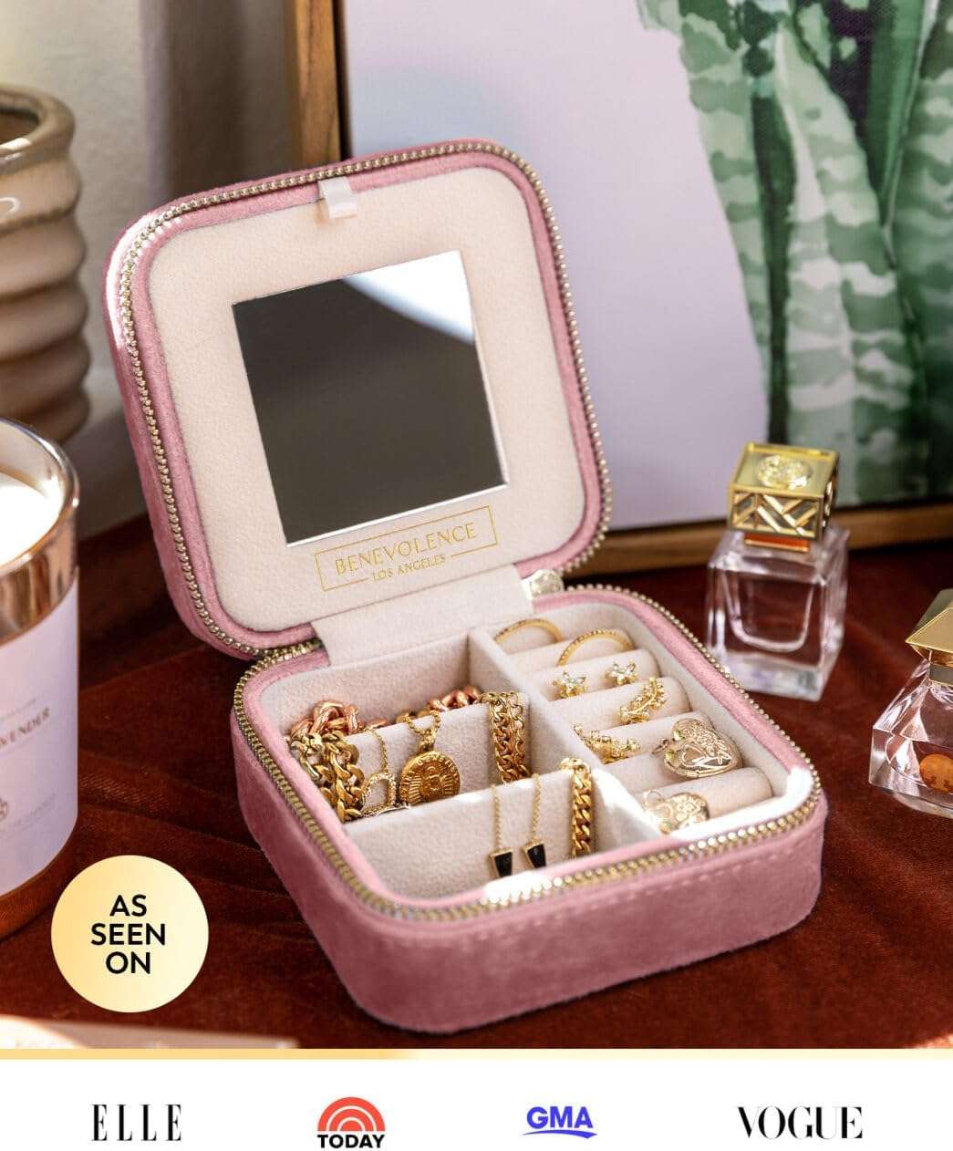 Benevolence LA Plush Velvet Travel Jewelry Organizer Box - Jewelry Boxes for Women, Travel Jewelry Case - Jewelry Travel Organizer for Women - Earring Organizer with Mirror - Dusty Pink - 5