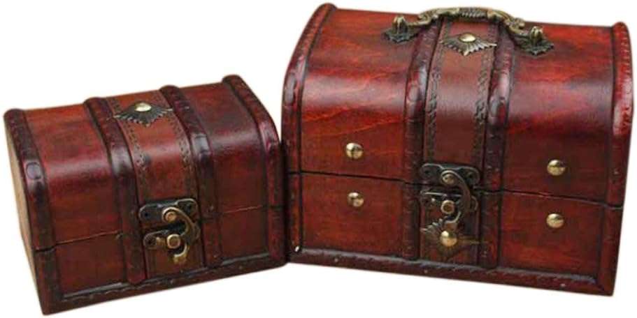 Coolrunner 2pcs Antique Vintage Wooden Box Stamp Flower Small Metal Lock Jewelry Treasure Chest Handmade Retro Wood Organizer Case Box - 1